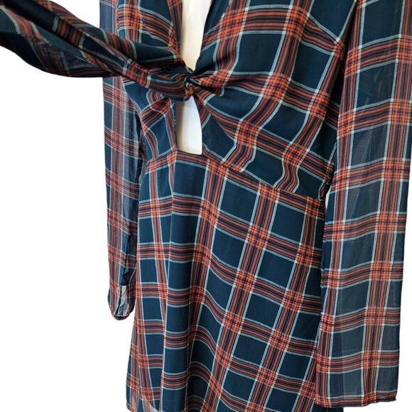 Wild Honey Womens Plaid Tie Front Mini Dress Size Medium Long Sleeve  Sheer - Picture 7 of 9